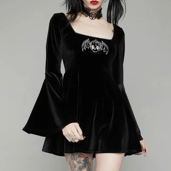 Dolls Kill Widow burial Velvet Bat Mini Dress Bell Sleeve Goth Fairy Grunge Y2K - Picture 2 of 12